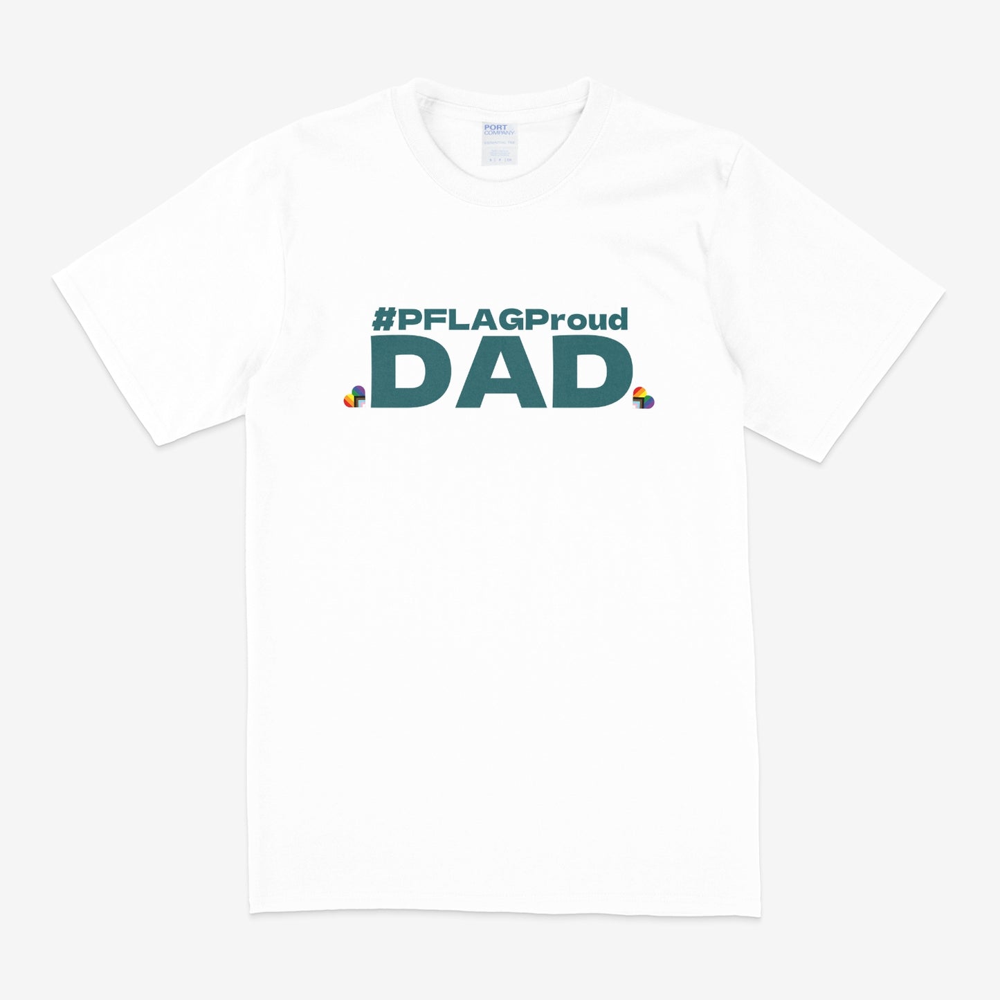 #PFLAGProud Dad - Wide-Cut Crewneck Short Sleeve White (Teal Logo) T-Shirt