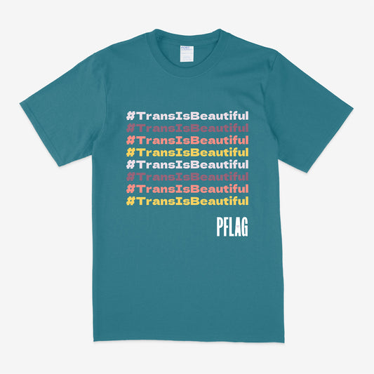 #TransIsBeautiful - Crewneck T-Shirt - White PFLAG logo (PM)